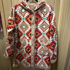 Aztec Pattern Hooded Jacket - Red and Cream